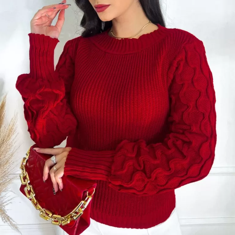 Blusa Feminina De Tricot Manga Longa Colmeia Onda 