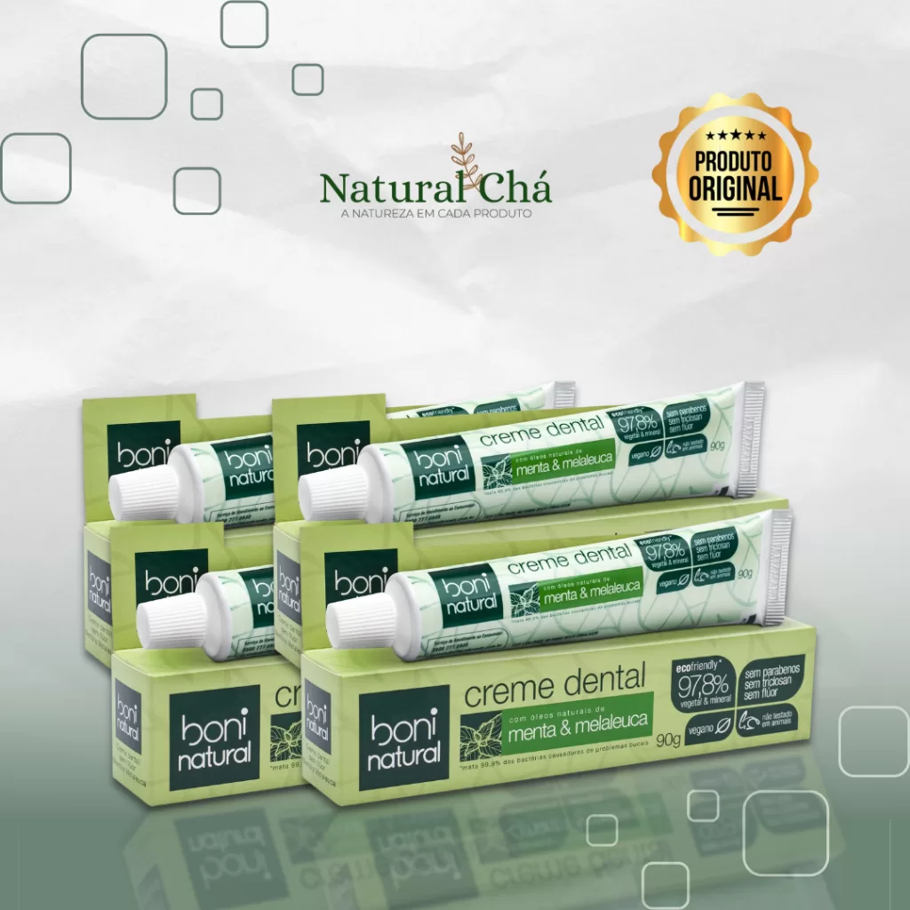 KIT 4x Creme Dental Sem Flúor Boni Natural Menta e Melaleuca Pasta de Dente Vegano 90g – Original