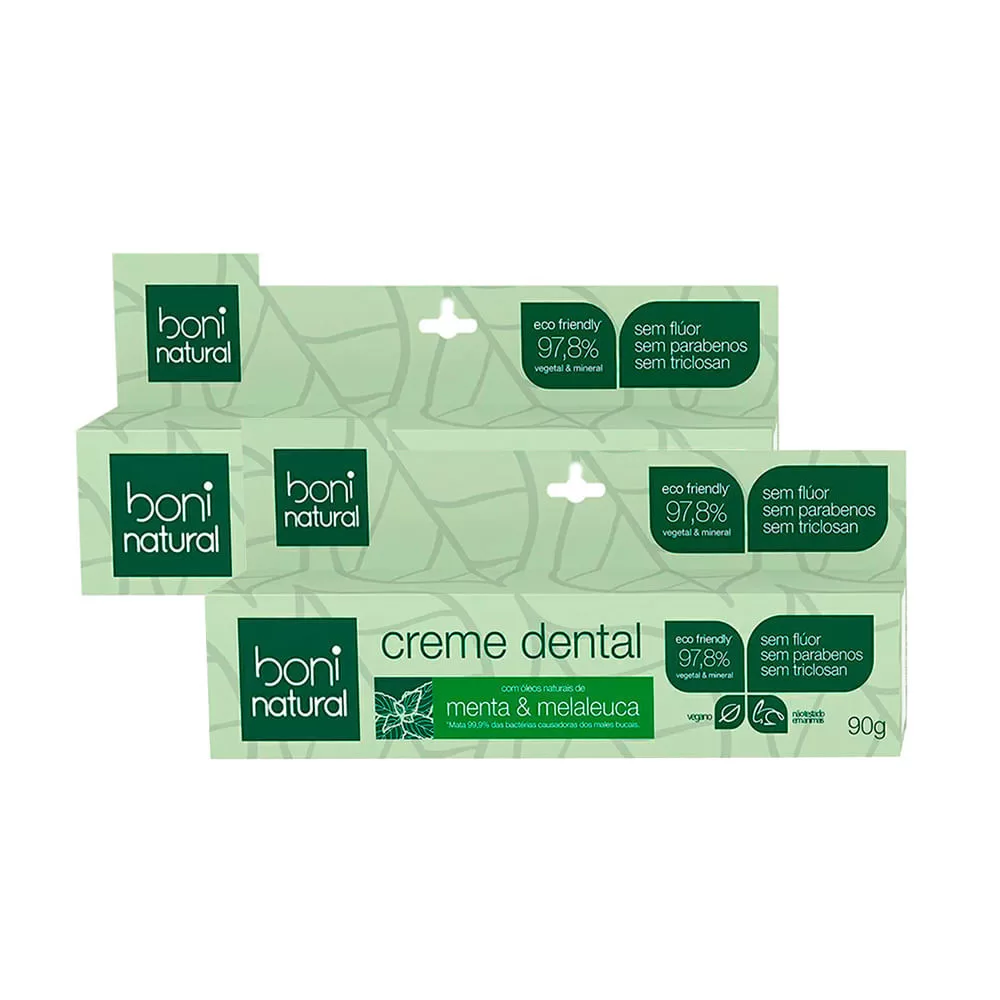 Kit 2 Creme Dental Boni Natural Antisséptico Menta e Melaleuca Sem Flúor 90g