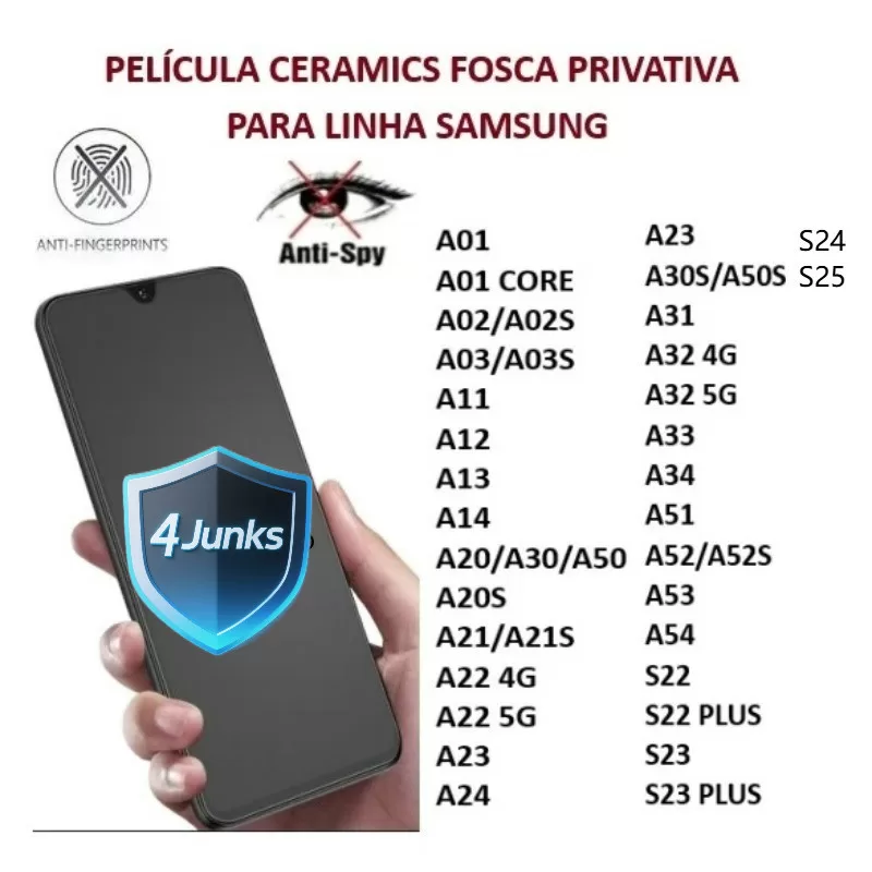 Película Cerâmica Fosca Privacidade Samsung A02 A03 A05 A14 A15 A25 A31 A34 A35 A51 A54 Anti-Espião