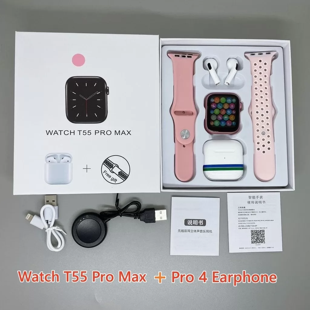 T55 Pro Max Smart Watch Com 4 Earbuds Set Hot-sale 2 Alças Bluetooth Chamada De Papel De Parede Pers