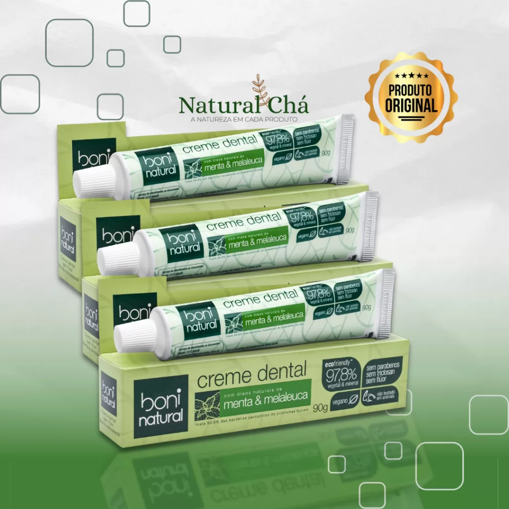 KIT 3x Creme Dental Boni Natural Menta e Melaleuca Sem Flúor Pasta de Dente Vegano 90g – Original