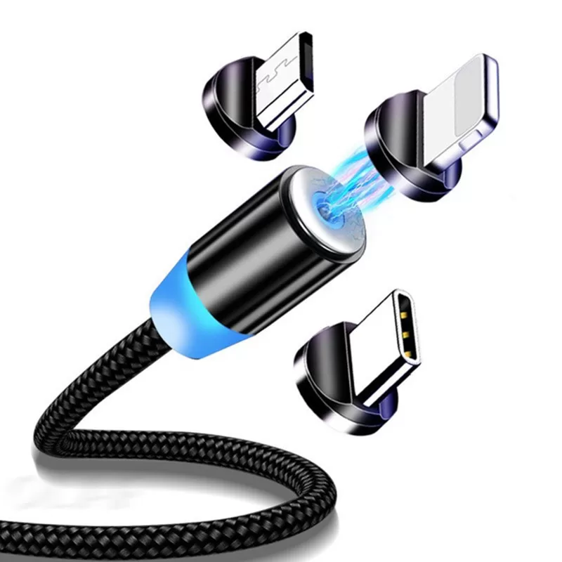 Cabo Carregador Magnético 3 em 1 Rotação 360° LED Tipo-C Micro USB iPhone Rápido Reforçado 1M Led