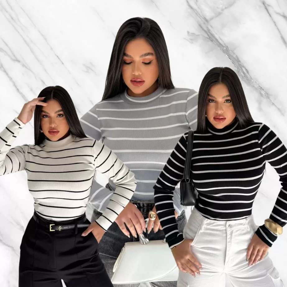 Blusa Feminina Cacharrel Manga Longa Gola Alta Listrada Inverno Moda Basica Casual Trabalho