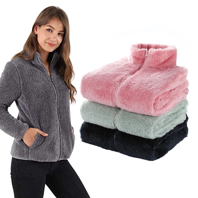 Casaco feminino de lã de fio macio com zíper completo jaqueta barata dupla face adulto Casaco de lã