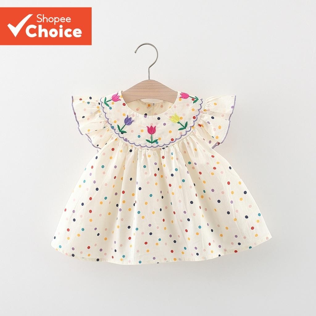 Vestido De Boneca De Verão Para Bebê Menina Com Pontos Coloridos E Bordado De Flores (0-3 Anos)