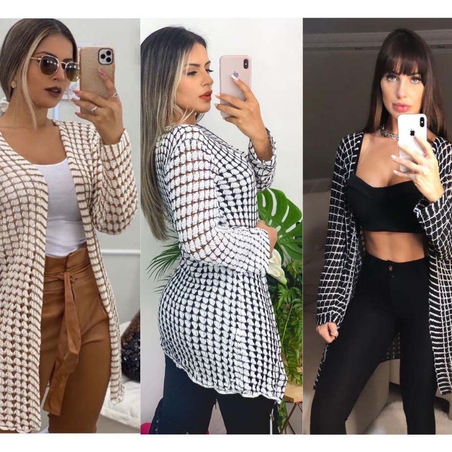 Cardigan Kimono Blusa Feminina Luxo Tricô para todas as ocasiões Preto, Branco e Marfim