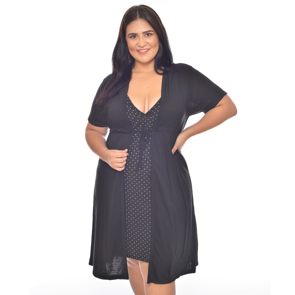 Camisola Gestante com Robe Pós Parto Amamentação  – Preta