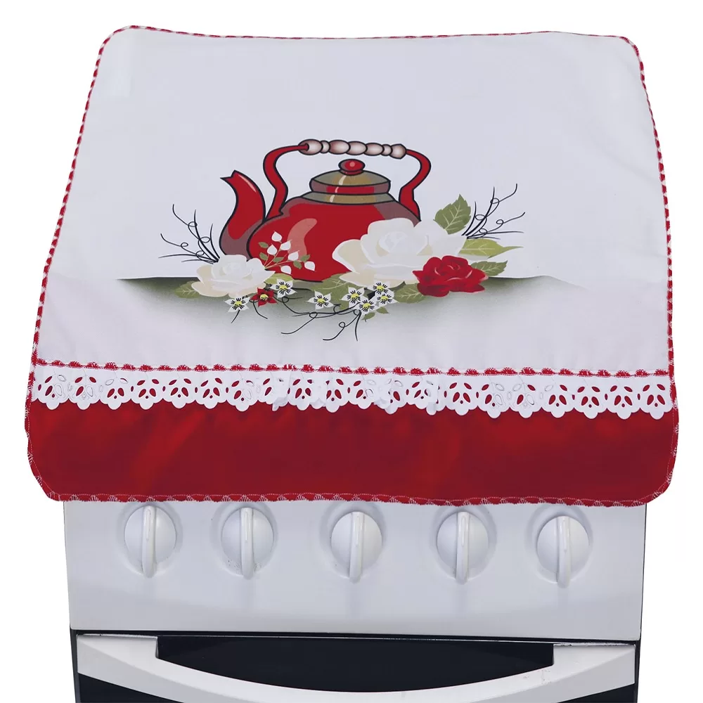 Capa para Fogão 4 Bocas protetora Estampada Rosas Brancas Vermelho com Lese Oxford Outfiter