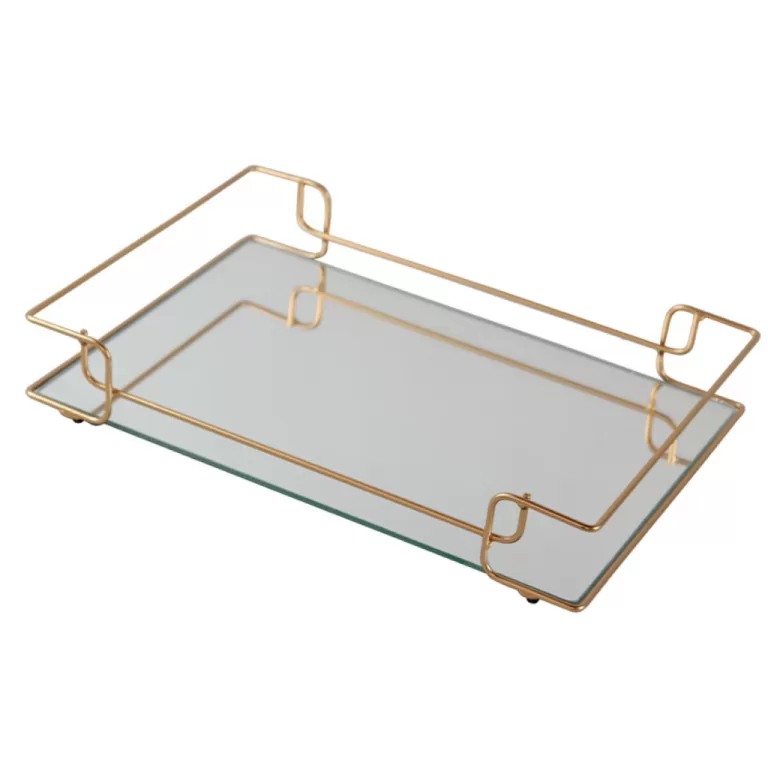 Bandeja Sofia Dourada Decorativa de Metal e Base d