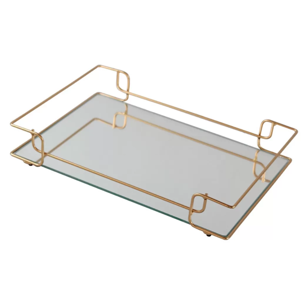 Bandeja Sofia Dourada Decorativa de Metal e Base de Espelho 20x30cm para Organização de Ambientes