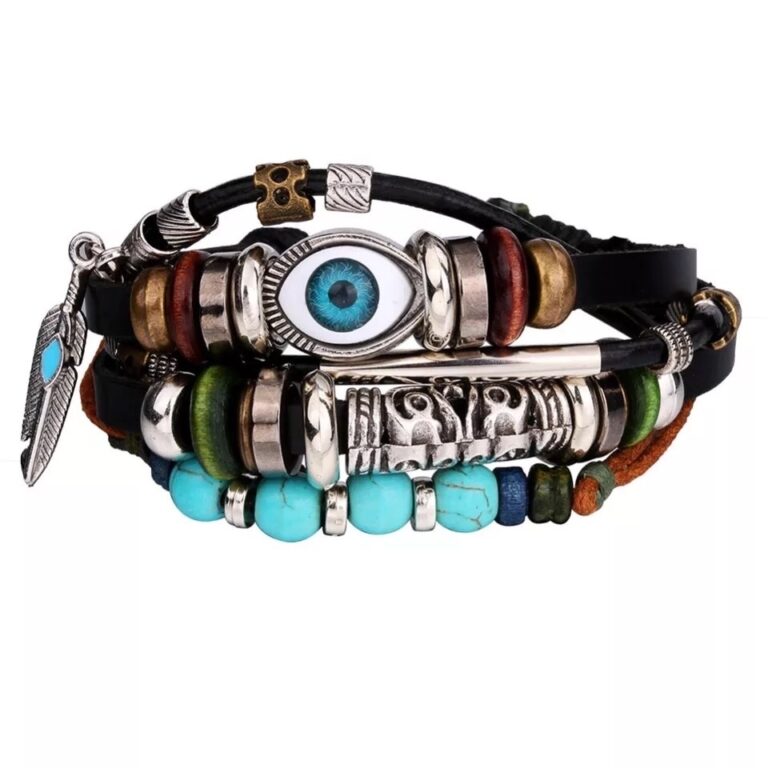 Pulseira Multicamadas Couro Pena Olho Azul Ajustá