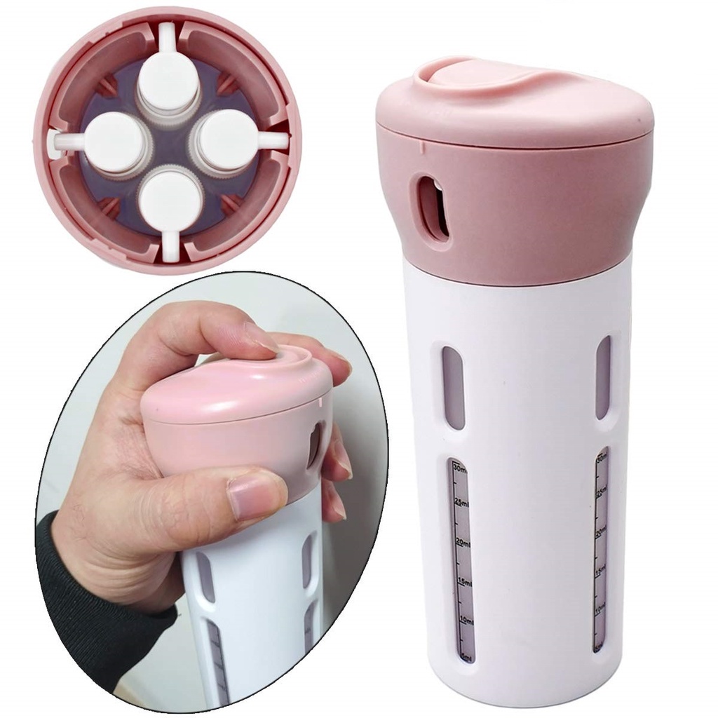 Dispenser 4 em 1 para Viagens com 4 Frascos cor Rosa + Cartela de Adesivos