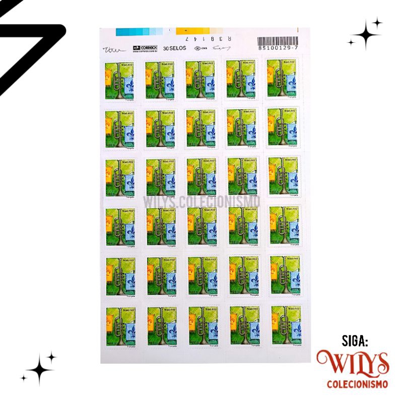 Folha de Selos Trompete – Selo Carta Social – Cartela com 30 Selos – Instrumentos Musicais – Trompet