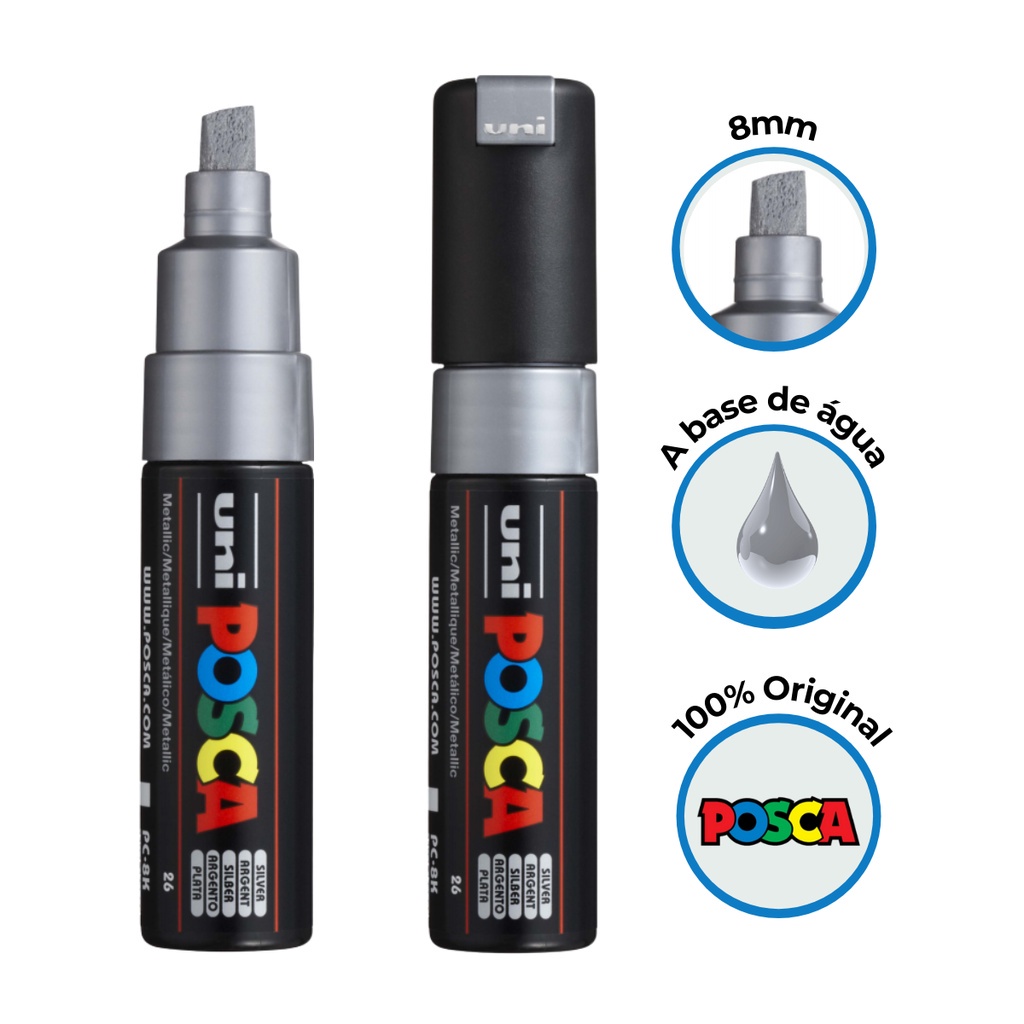 Caneta Posca Pc-8k Ponta Chanfrada 8mm Prata – Uniball