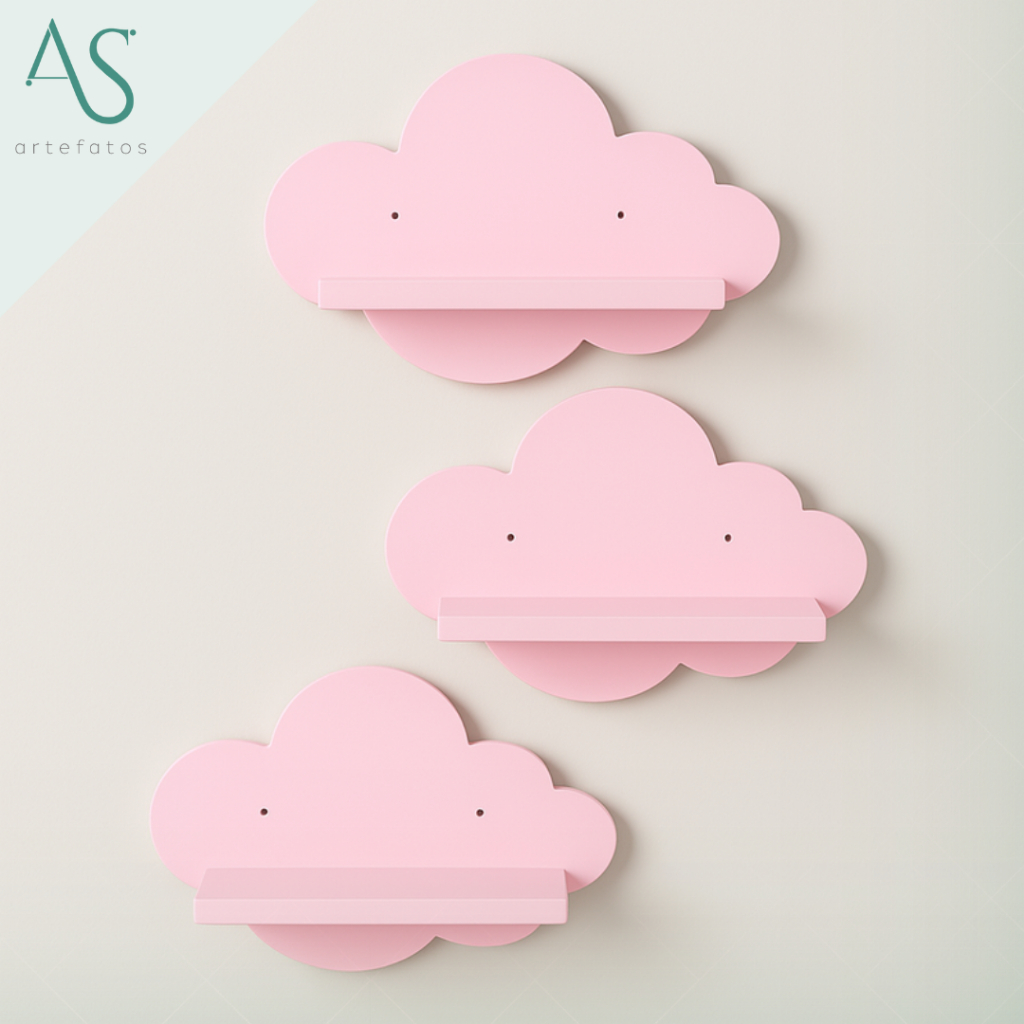 Kit Três Nichos Modelo Nuvem Decoração Quarto do Bebê