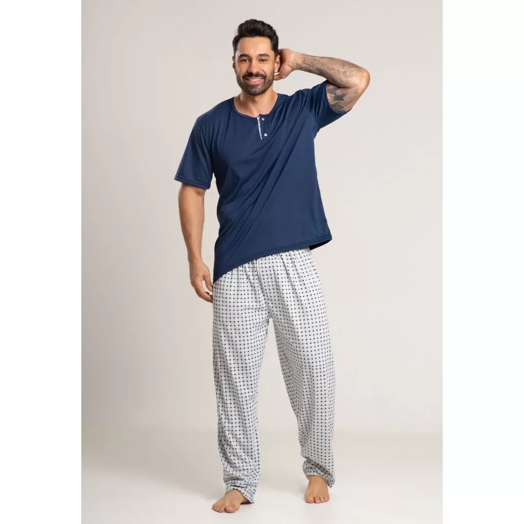 Promoção Pijama Masculino Adulto  Calça Comprida Estampada  Blusa Manga Curta Lisa
