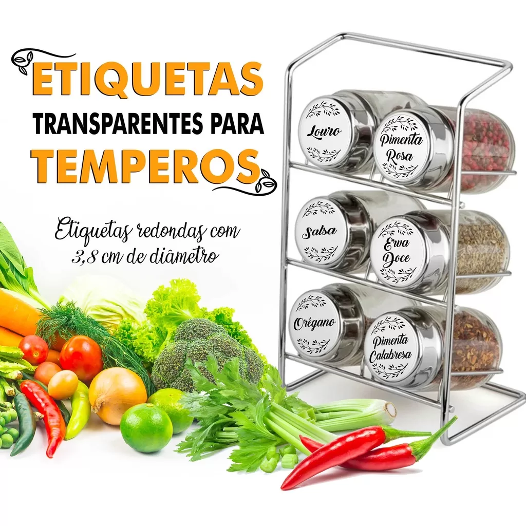 Etiquetas transparentes redondas de temperos – 35 unidades