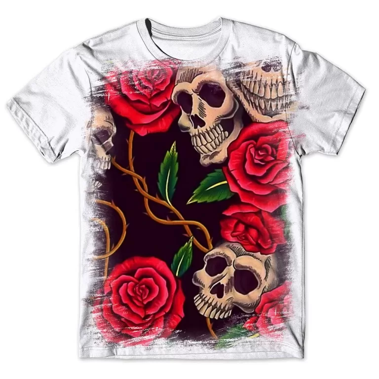 Camisa Camiseta Masculina Caveira Rosas Flores 26
