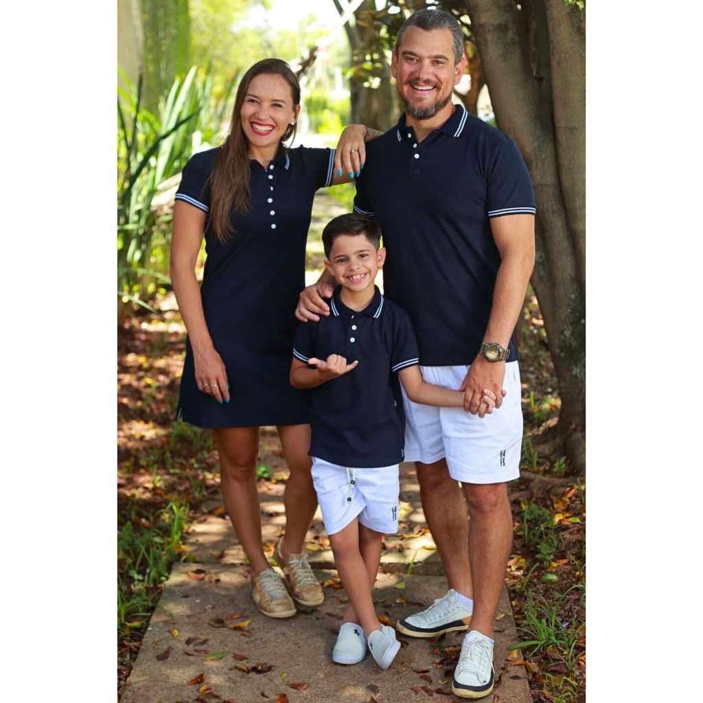 Kit família 3 peças Camisas ou Body Polo e Vestido Azul Marinho Céu