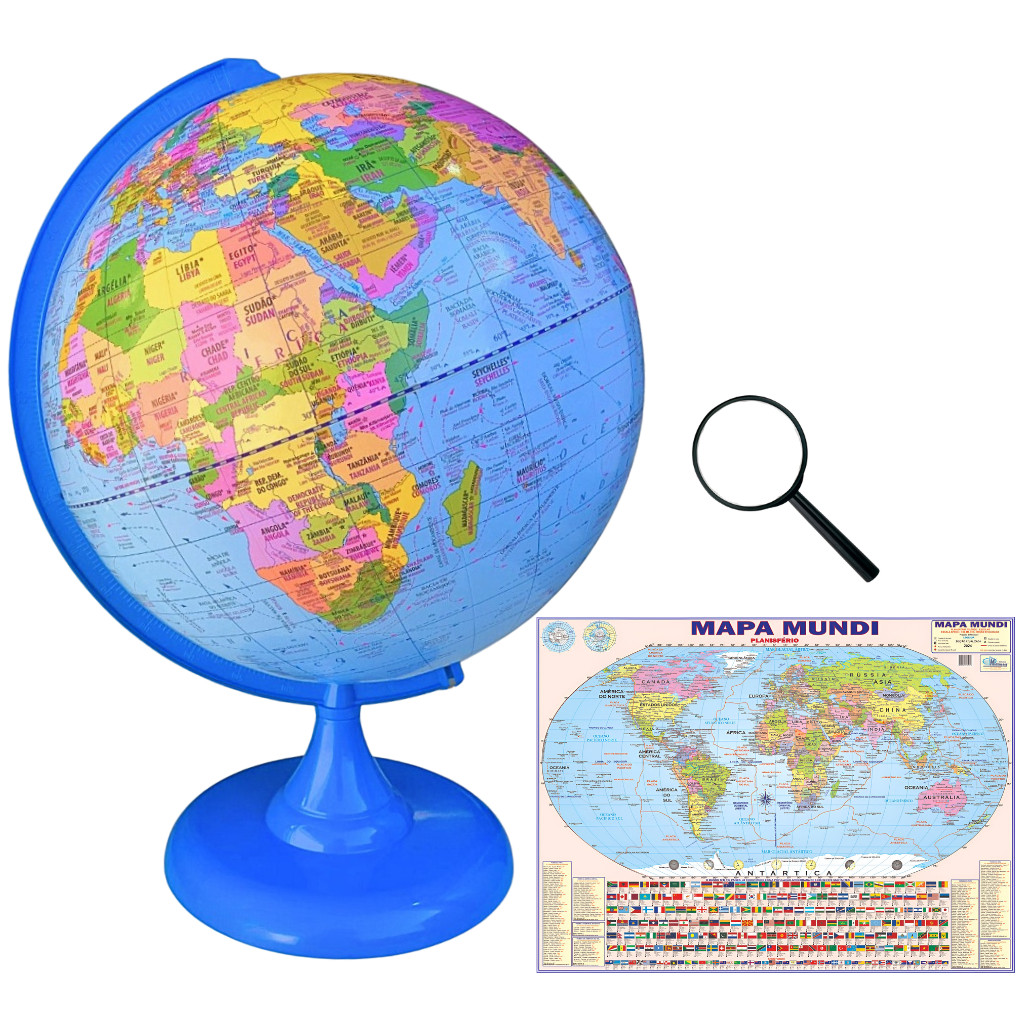Globo Terrestre Político Bilíngue Azul 30cm Diâmetro e 43cm Altura + Mapa Mundi Gigante + Lupa