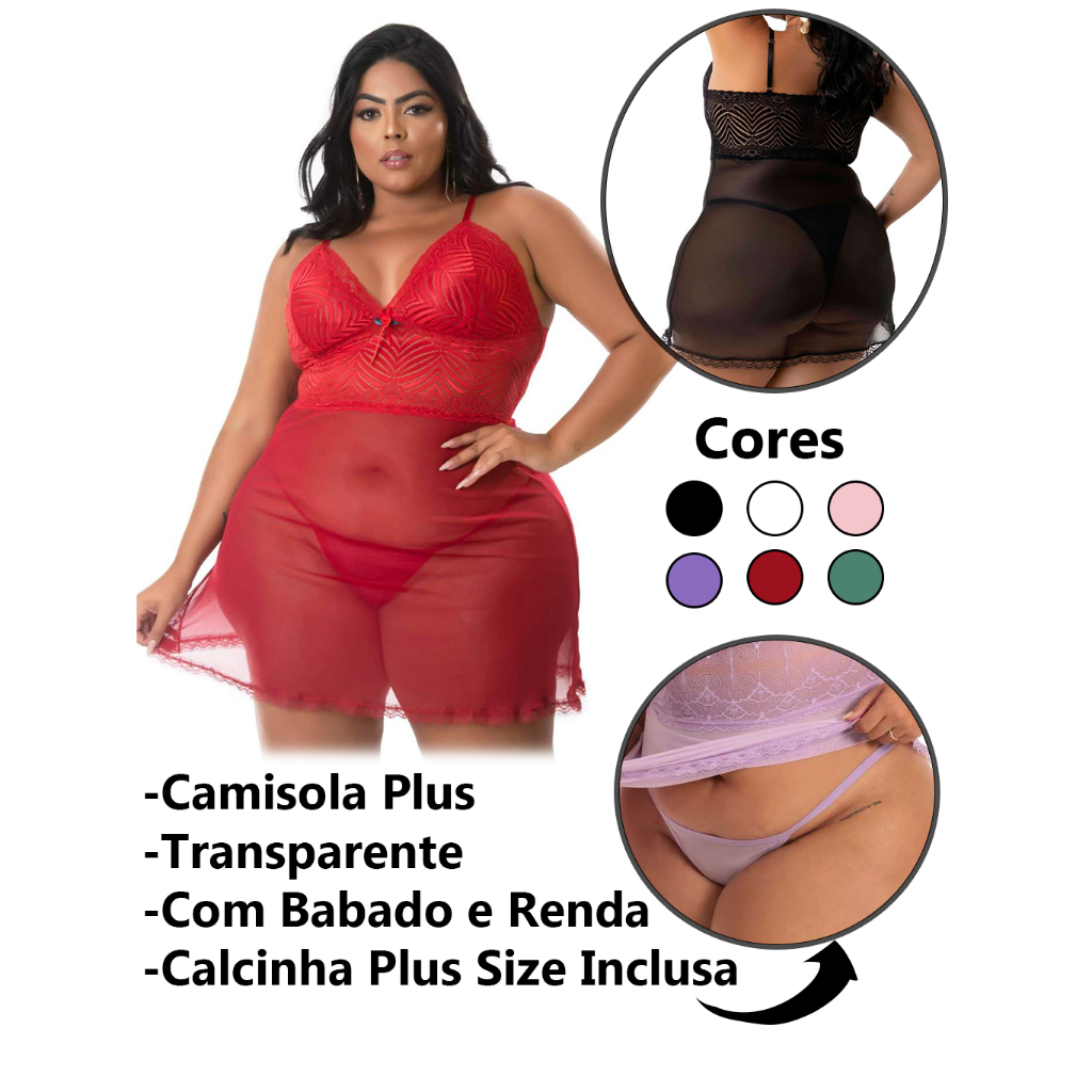 Camisola Transparente com Babado e Renda – Com Calcinha Inclusa – Plus Size