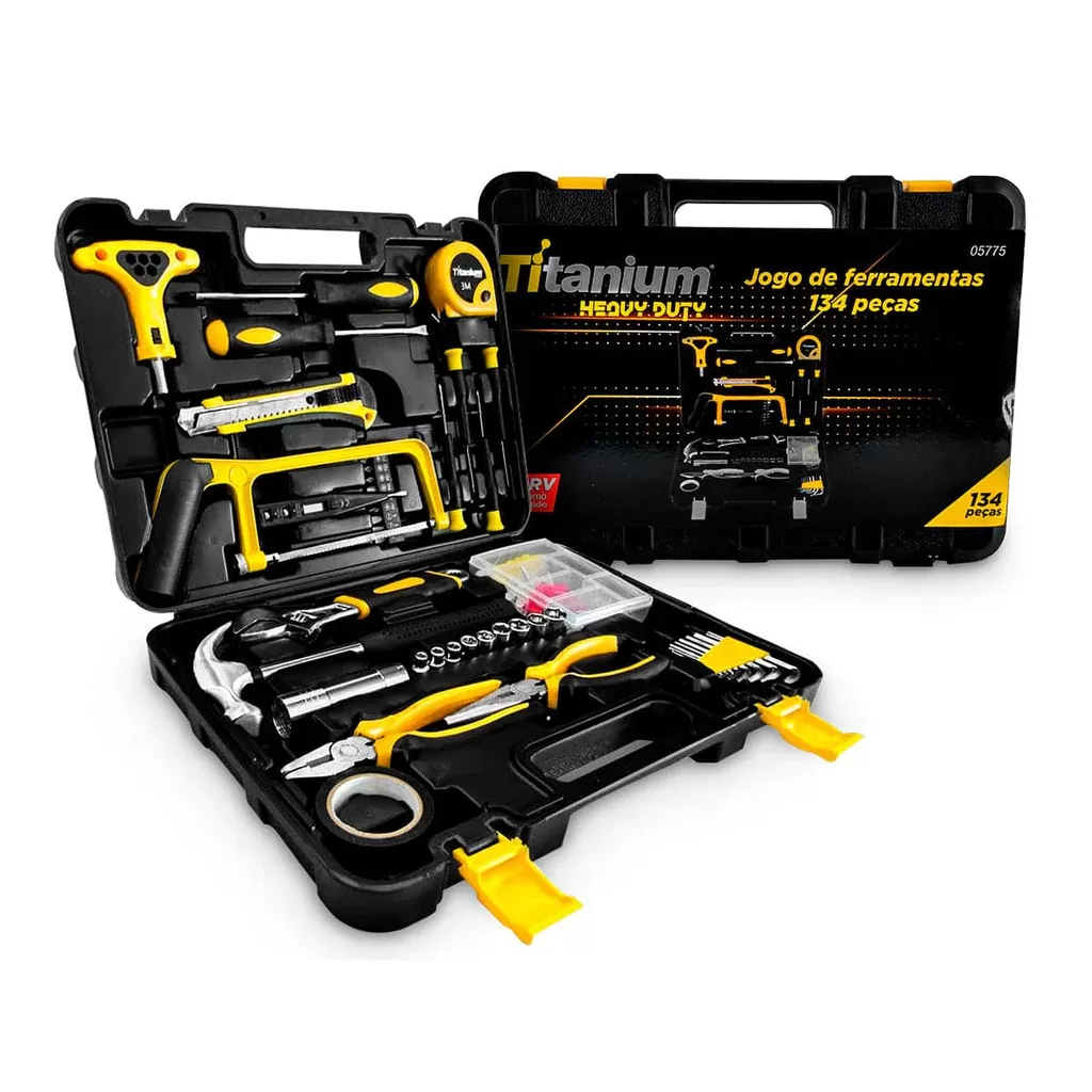 Kit Jogo Ferramentas 134 Pçs Cr-V Trena Martelo Soquetes Fenda Philips Alicates Multiuso TITANIUM