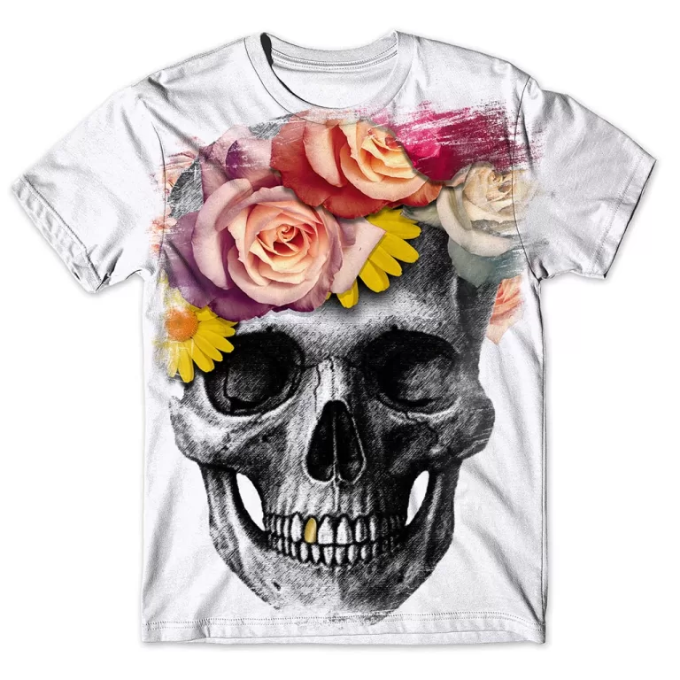 Camisa Camiseta Masculina Caveira Rosas Flores 24