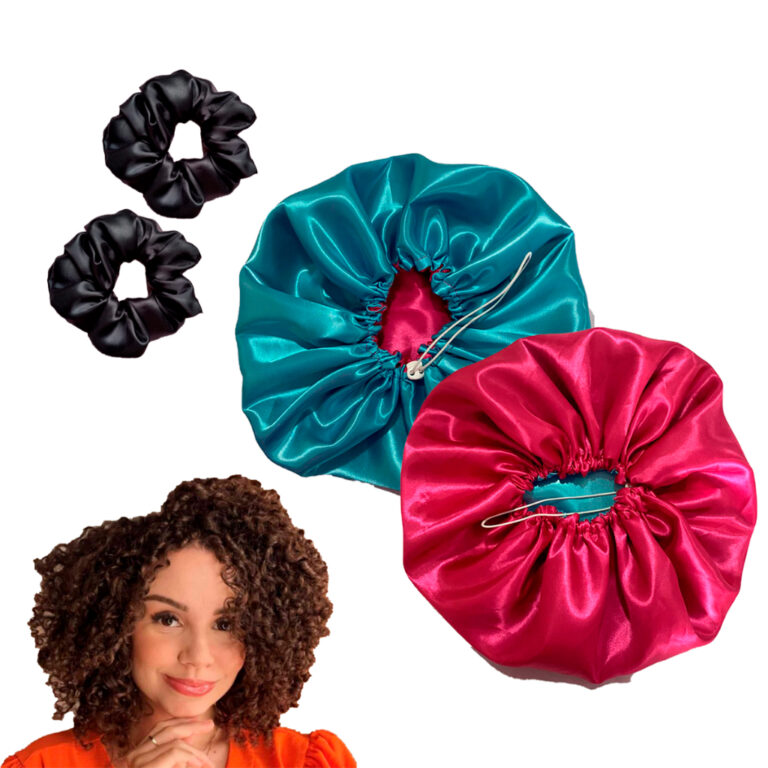 Touca de cetim dupla face regulável + scrunchie