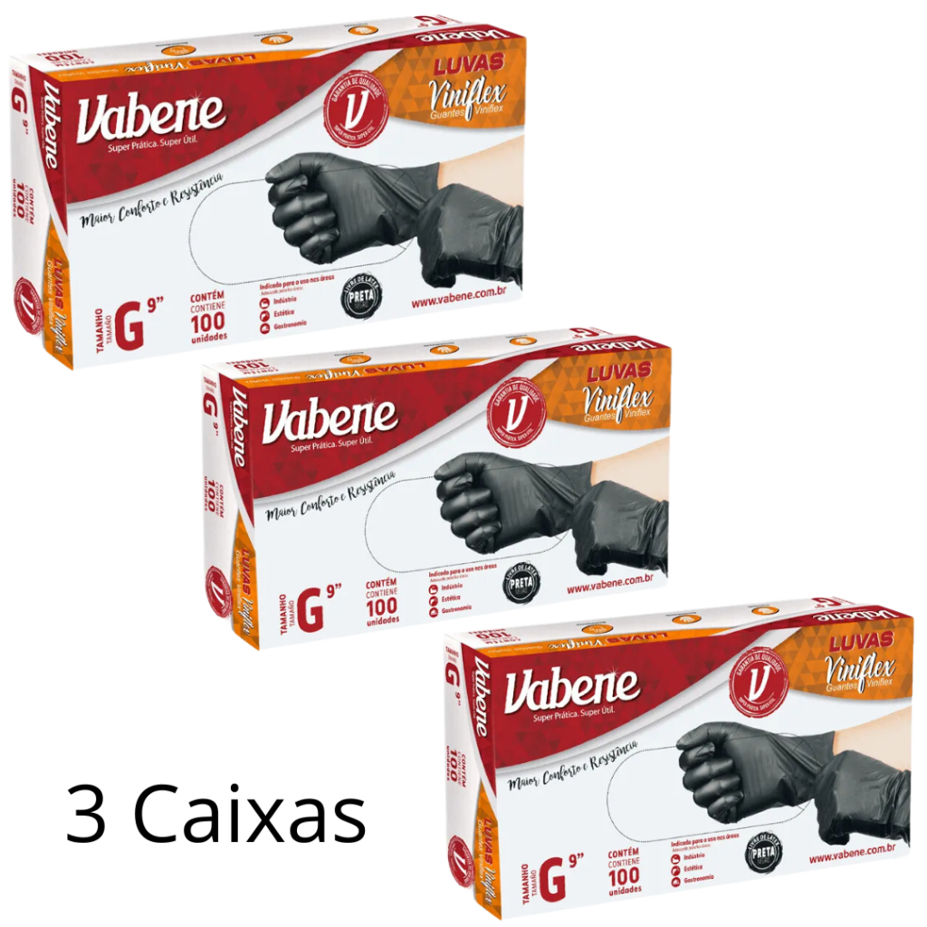 300 Unidades Luva Descartável Viniflex Sem Pó  – Vabene NÃO É VINIL Tam P M G (3 caixas)