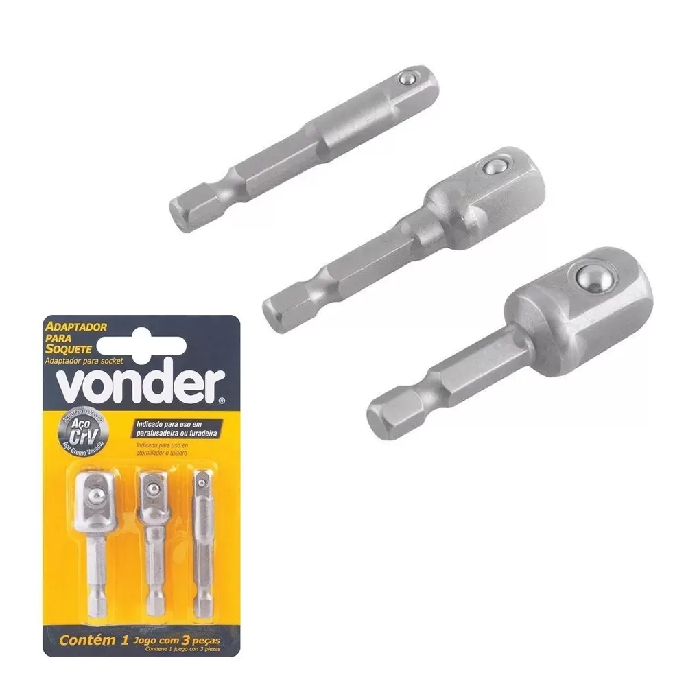 Kit 3 Adaptadores Soquete Parafusadeira Manual 1/4 3/8 1/2 Vonder