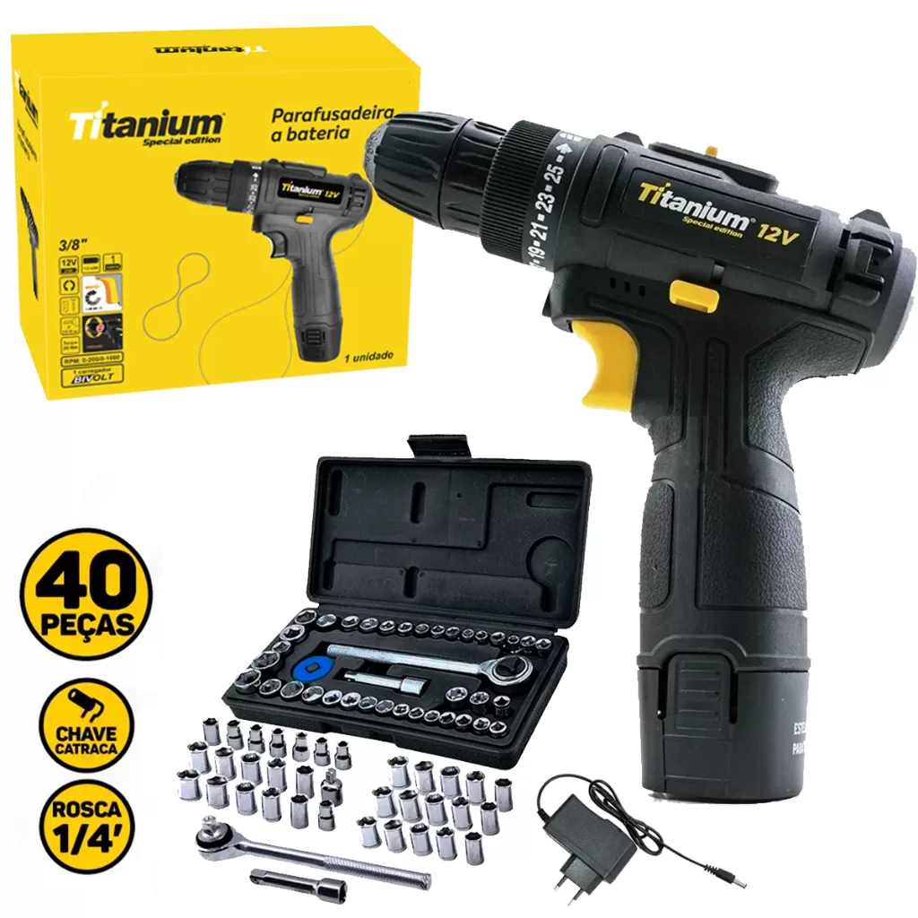 Parafusadeira A Bateria 3/8 12v Bivolt + Jogo Soquetes Sextavado 40 Pçs Chave Catraca Reversível