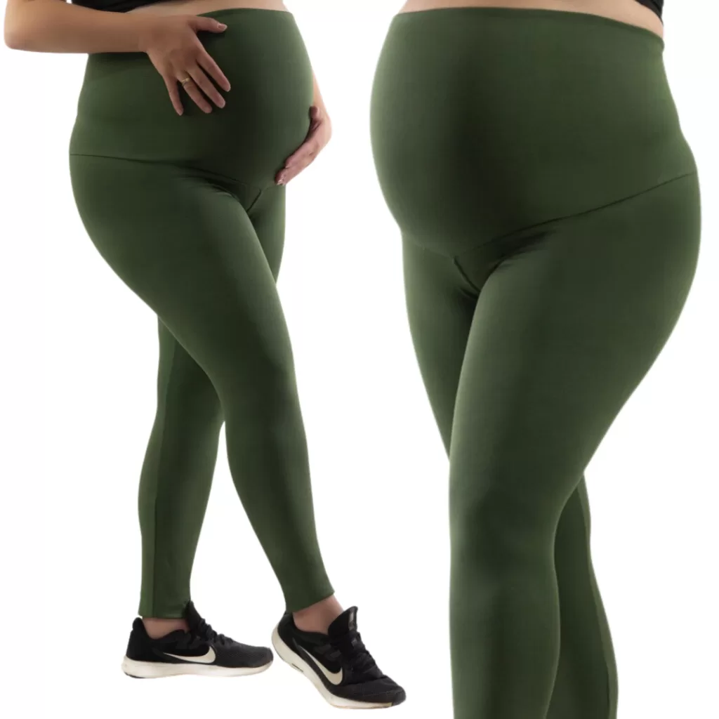 Calca Legging Gestante Fitness Gravida Maternidade Plus Size Verde Militar Cintura Alta