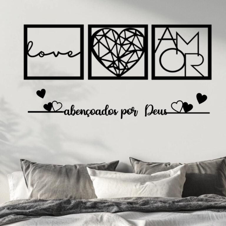 Kit 3 Quadros Cabeceira Amor Coração Geométrico