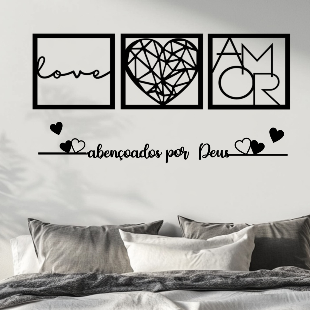 Kit 3 Quadros Cabeceira Amor Coração Geométrico + Frase Parede Abençoados Por Deus + 2 mini coração