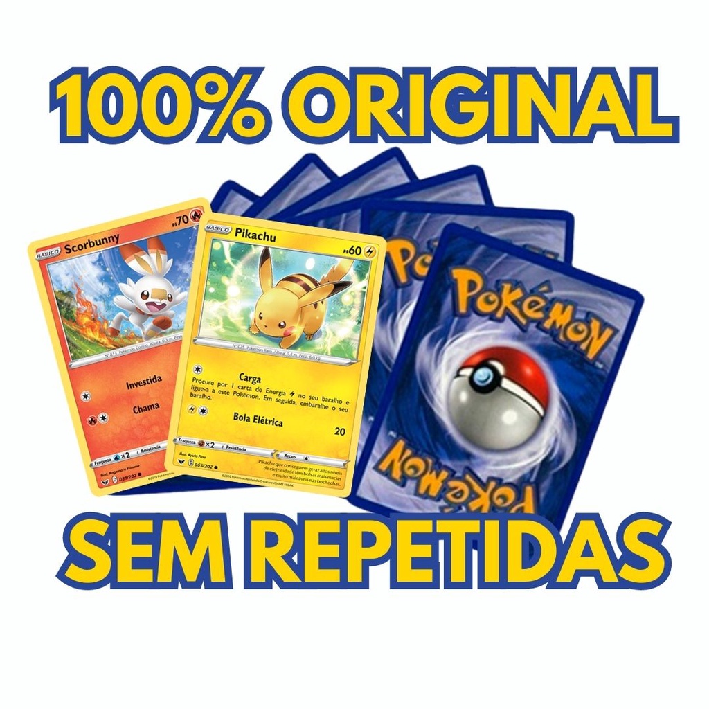 Cartas Pokemon Originais Lote de 100, 50 ou 20 – Sem cards repetidas – Brilhante Garantida