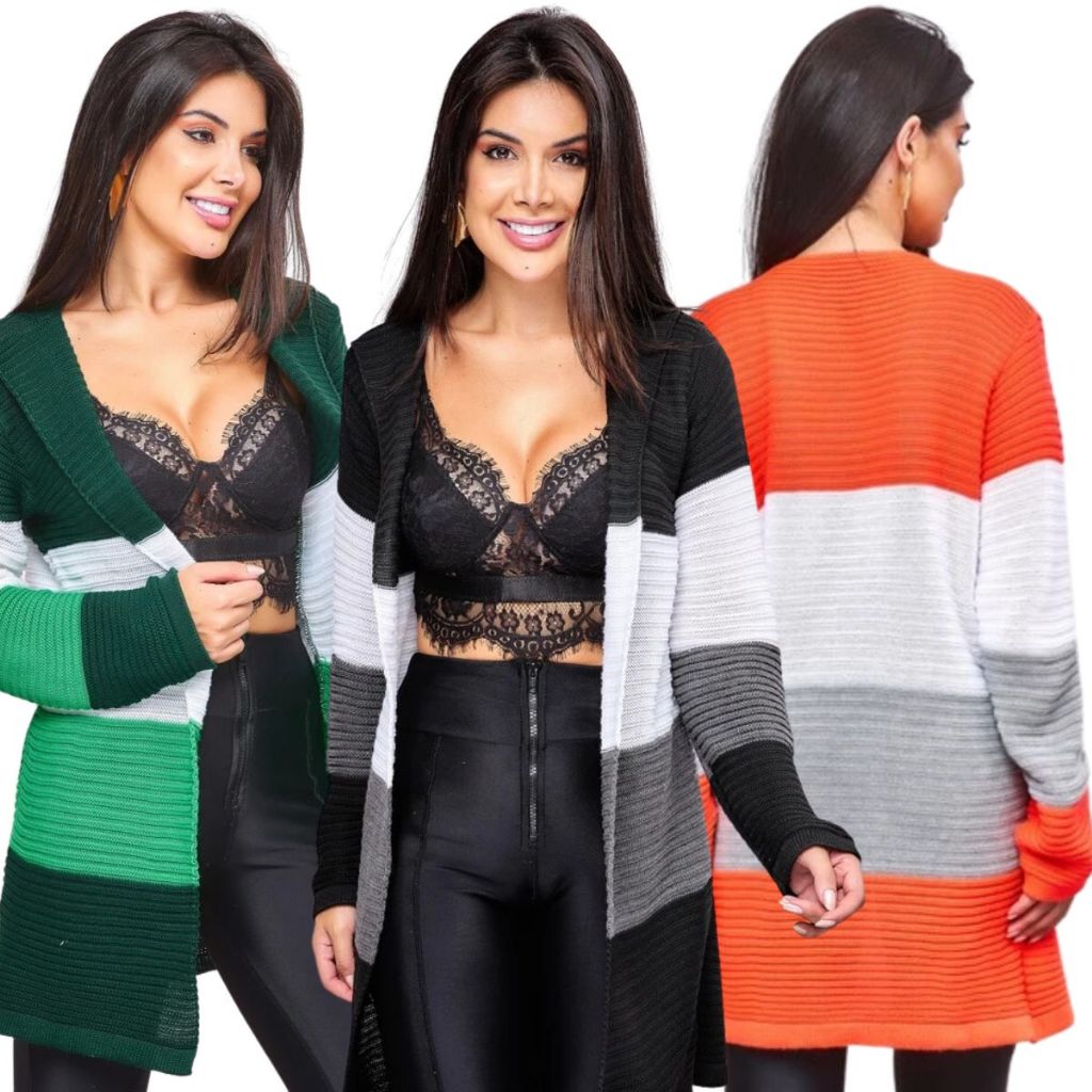 Cardigan Feminino em Tricot Listrado Casaco Tricolor Estiloso e Aconchegante de Inverno