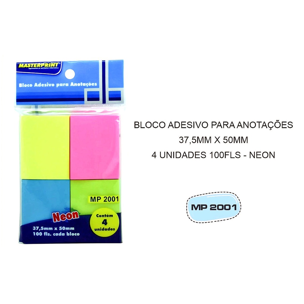 Bloco Adesivo para Anotações 4 Cores Neon 37.5x50mm com 4 Blocos de 100 Folhas cada Masterprint MP20