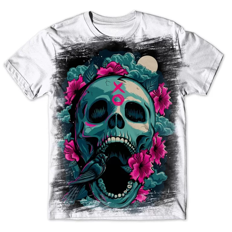 Camisa Camiseta Masculina Caveira Rosas Flores 22