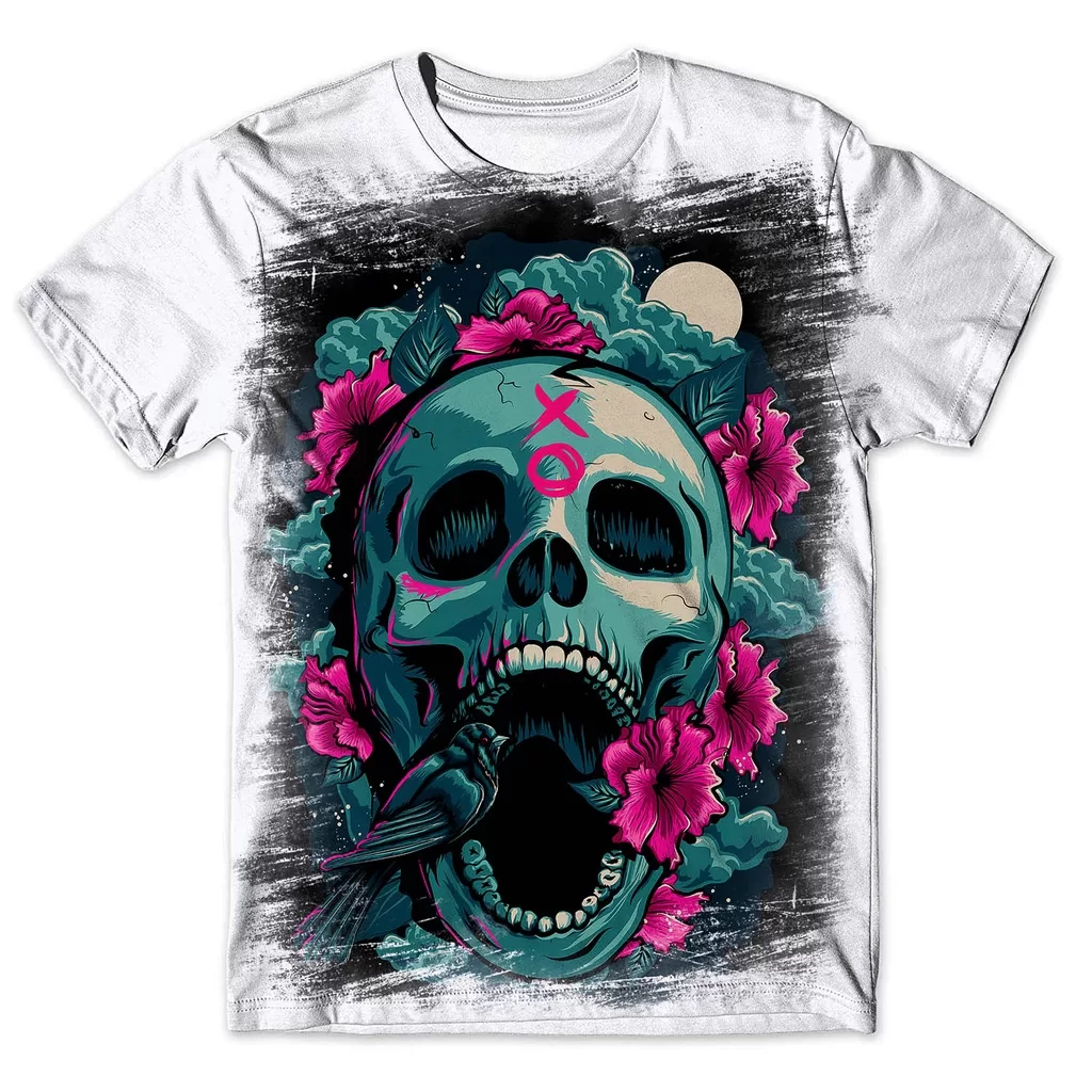 Camisa Camiseta Masculina Caveira Rosas Flores 22