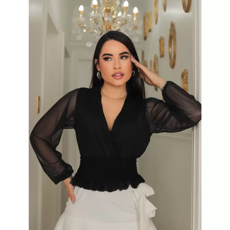 Cropped Preto Manga Bufante Feminino Transparente 