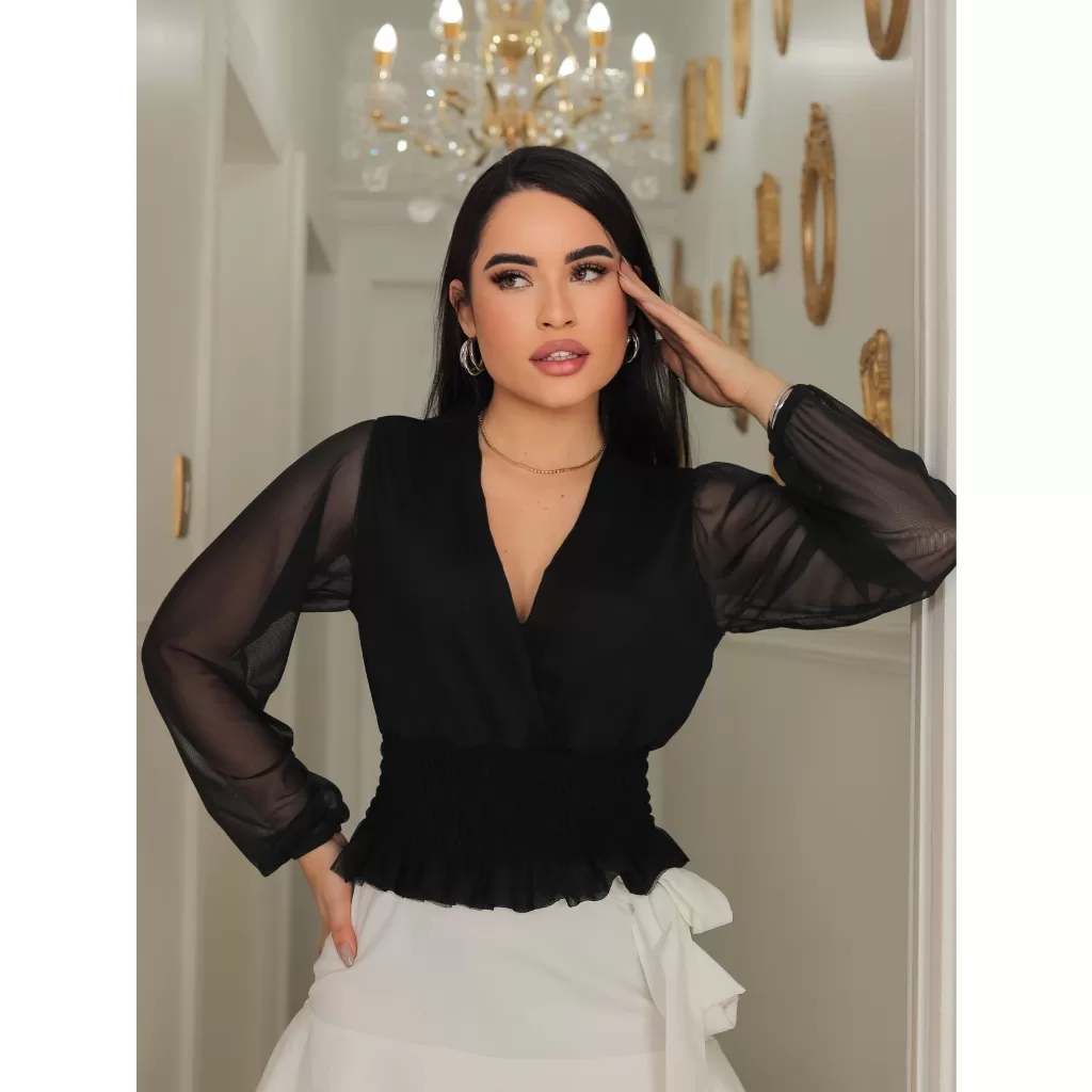 Cropped Preto Manga Bufante Feminino Transparente Decotado Com Bojo