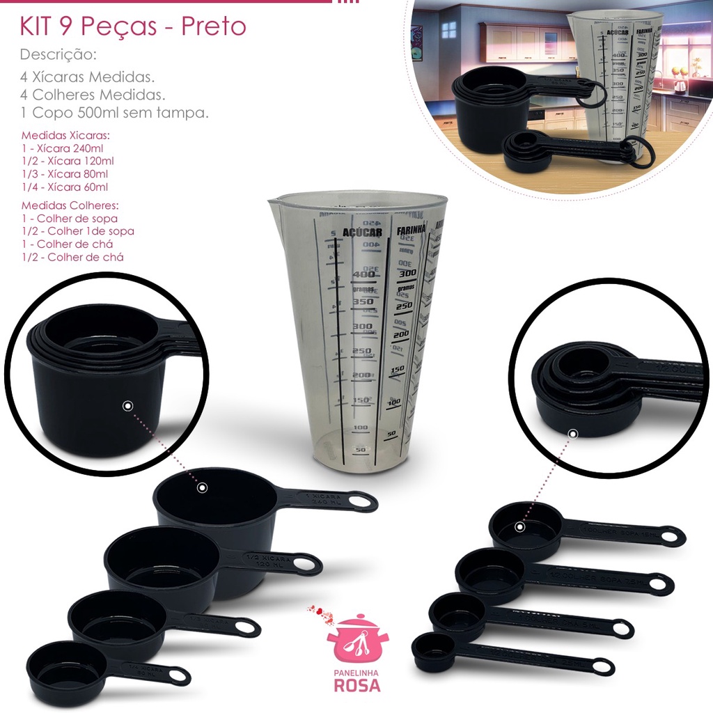 kit medidores 9 peças copo de 500 ml xicara e colheres preto casa cozinha decoração e confeitaria