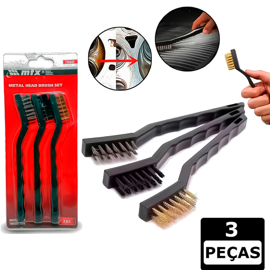 Kit 3 Escovas De Aço Carbono Latão Nylon Ferrugem Ferro Serralheiro Para Limpeza Soldas Respingos