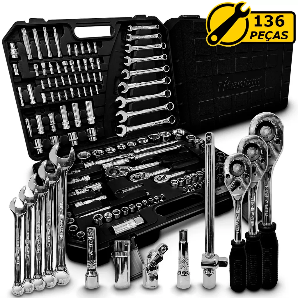 Kit Jogo De Ferramentas 136 Peças Soquetes Aço Cromo Vanádio Cr-V Completo Profissional Original