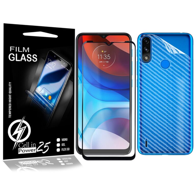 Película Carbono + Película Vidro 3D Moto E7 Pow
