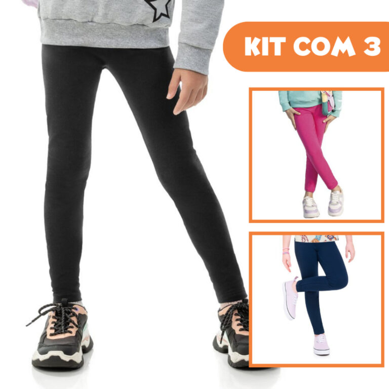 Kit 3 Peças Legging Lisa Escolar de Algodão Pret