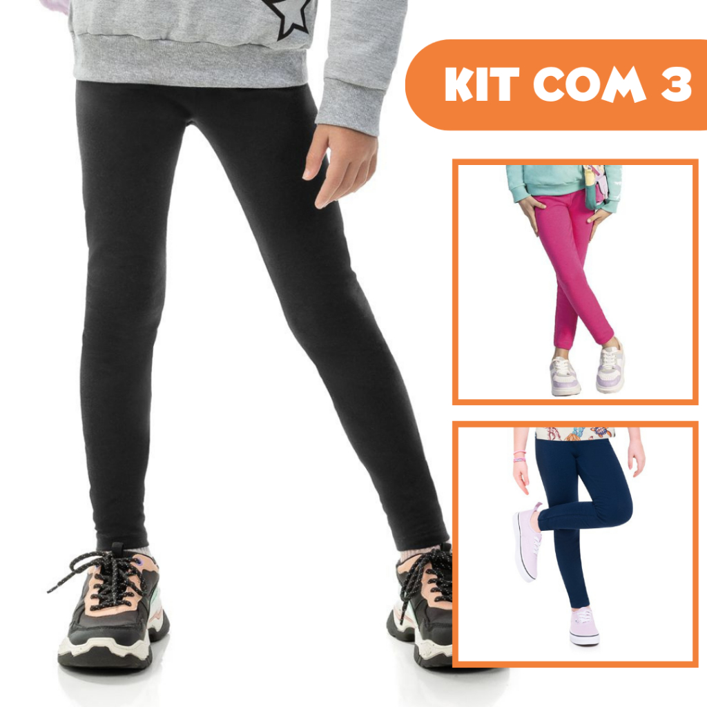Kit 3 Peças Legging Infantil Lisa Barata Escolar Algodão Preta  Azul Pink Meia Estação 1 a 16 anos