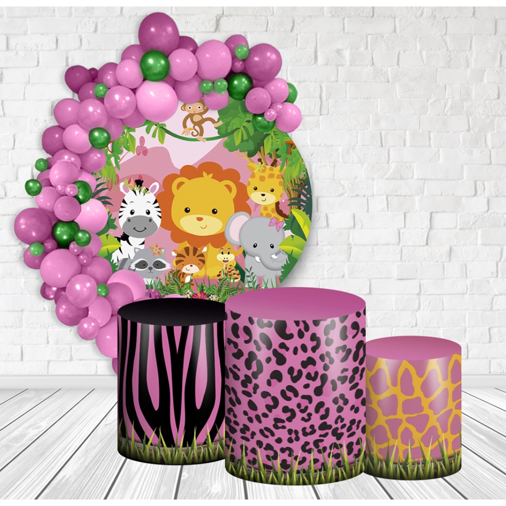 Kit Painel Redondo + Trio Capas Cilindro Veste Fácil com Elástico Safari Baby Rosa