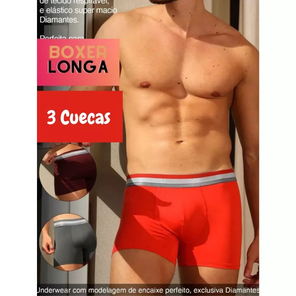 Kit com 3 Cuecas Boxer Masculinas Diamantes Lingerie Modelo Perna Longa de Microfibra Premium